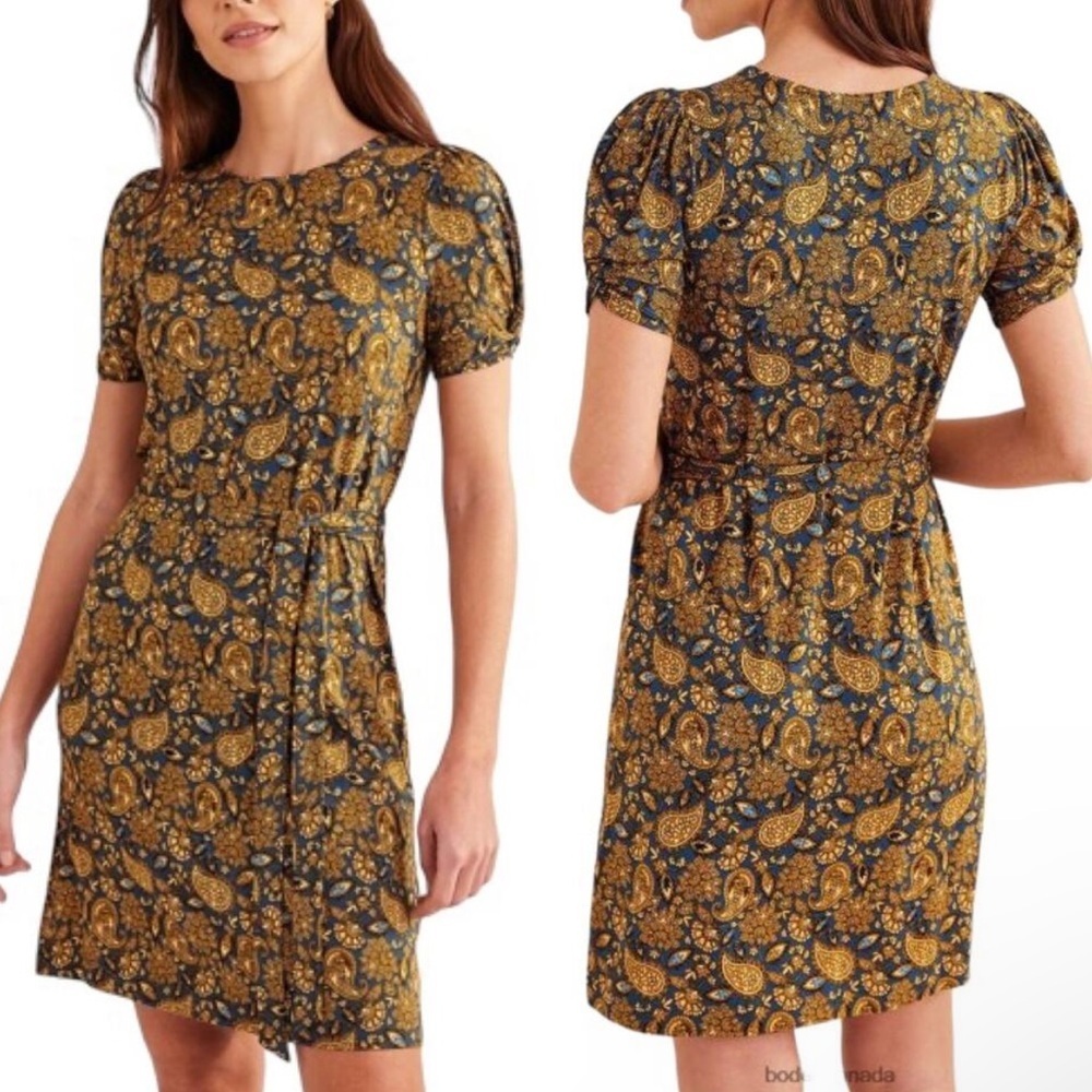 BODEN Knot Sleeve Tie Waist Jersey Dress Harvest Gold & Paisley Print- Size 4